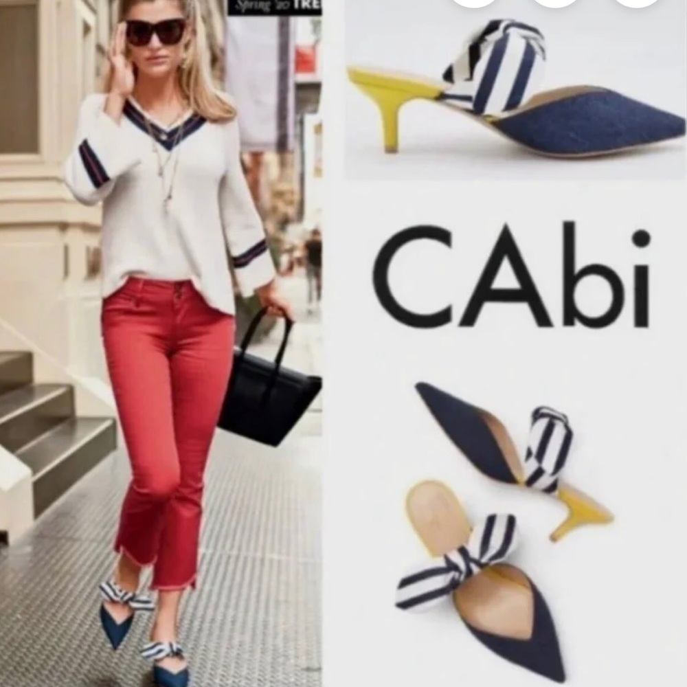 Cabi bow kitten heel mule shoes navy yellow with bow